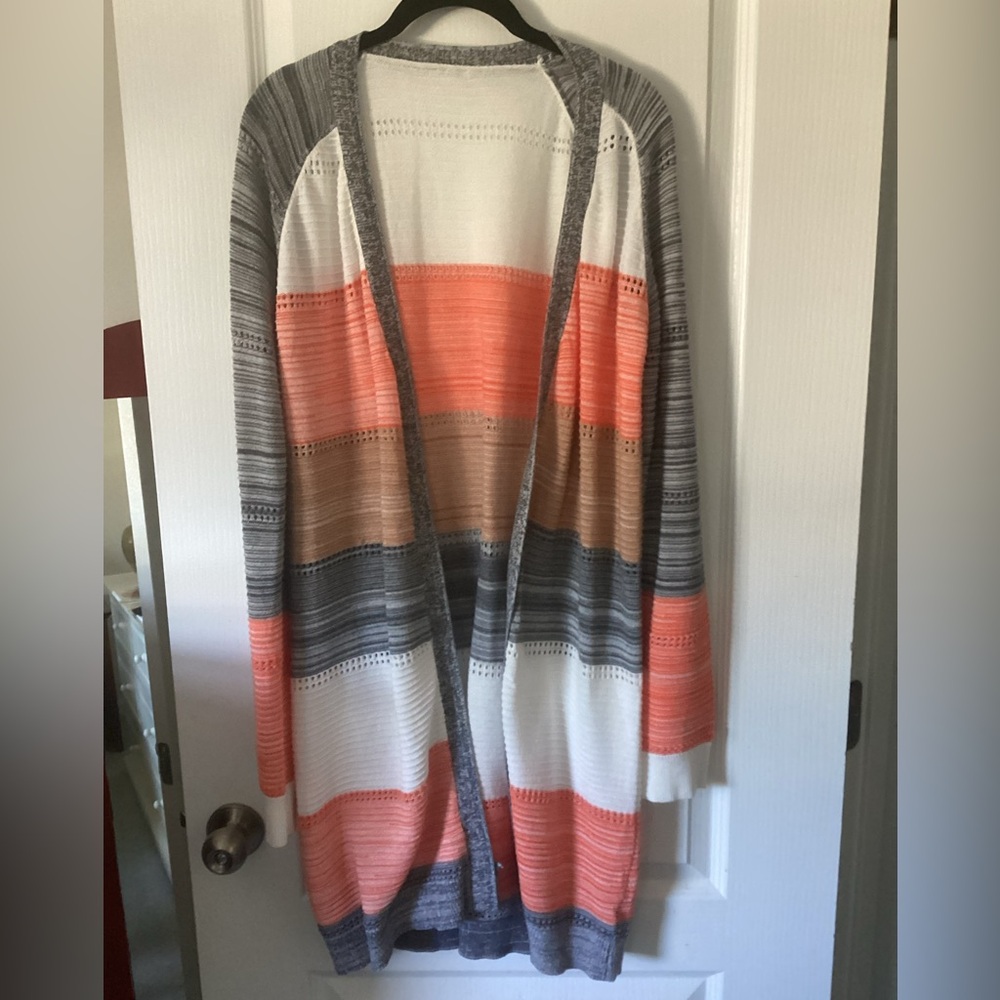Chic Striped Open Cardigan in Coral and Gray